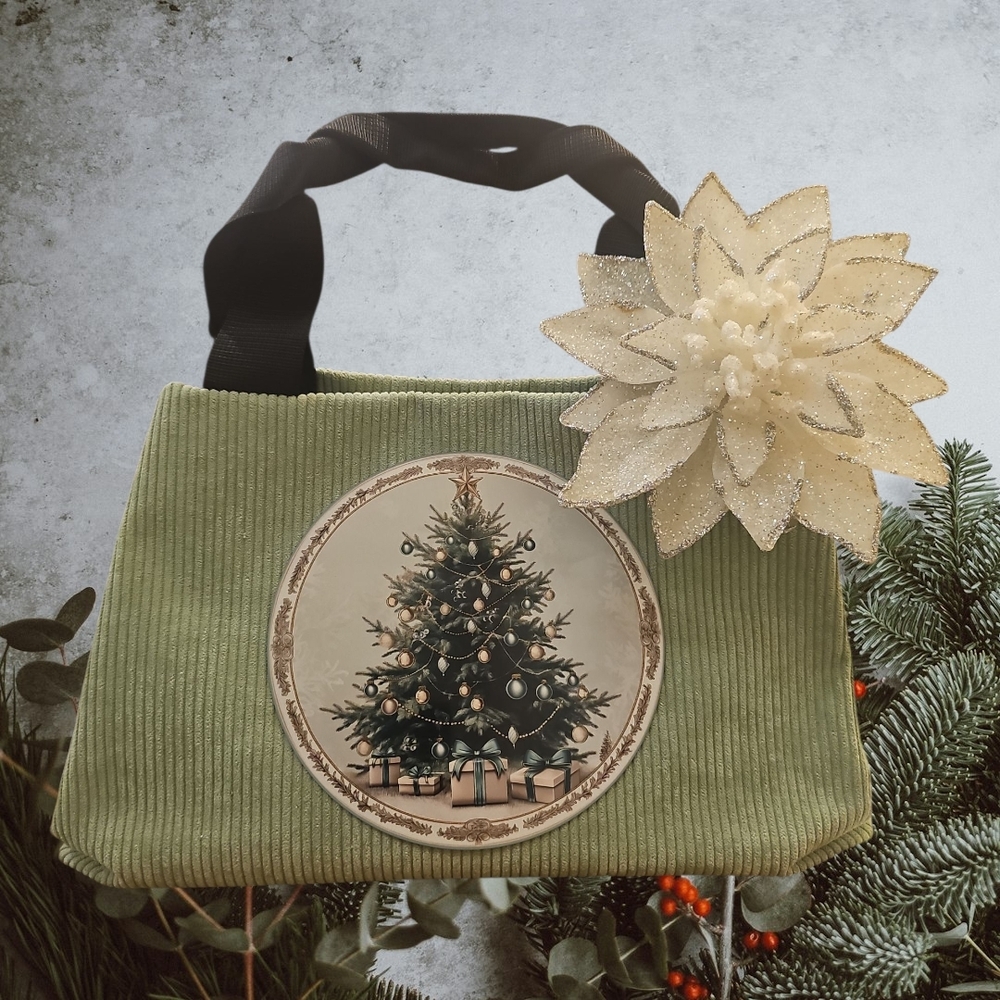 Green Corduroy Handbag with Christmas Tree Design